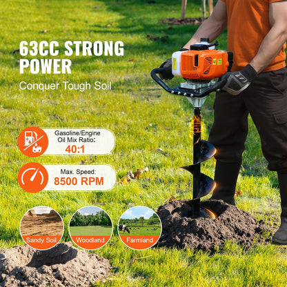 SucceBuy Post Hole Digger Gas Powered 63CC 2400W Auger Gas Auger with 8” Auger Drill Action Post Fence Hole Digger for Farmland