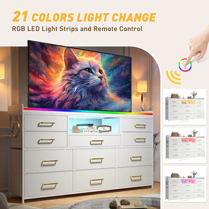 Dresser for Bedroom with 11 Drawers for 60" TV Stand for Bedroom with LED Lights & Charging Station Long Dresser with Shelves