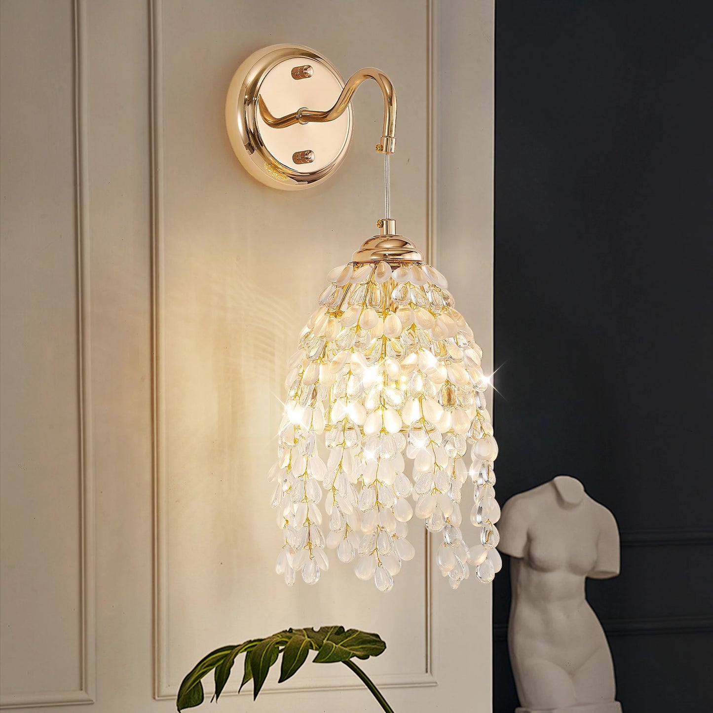 ARLGSITE Luxury Set of 2 Gold Frame and Crystal Grape-Shaped Bead String Wall Sconces , Elegant Hanging Light Fixture (No Bulb)