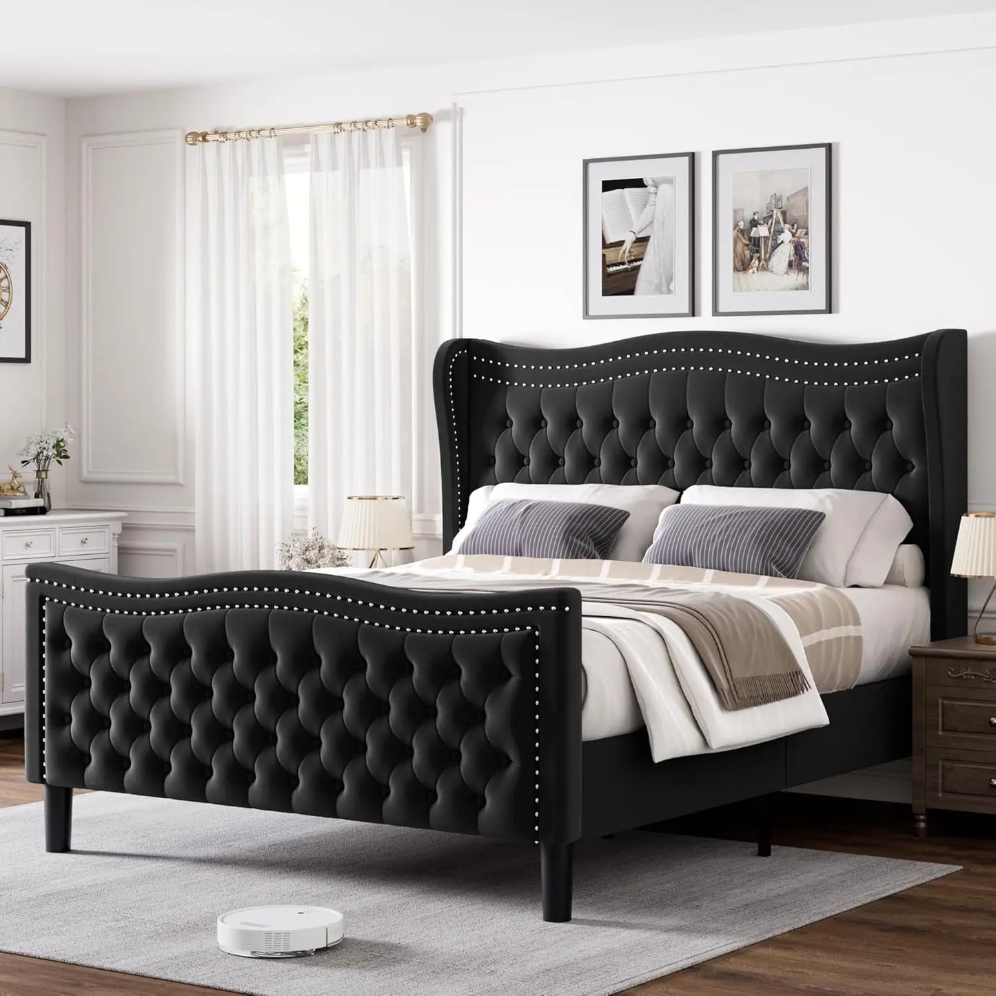 Full Bed Frame with Tall Headboard & Footboard,Velvet Upholstered Platform Bed Frame with Deep Button Tufted Wingback,Customized