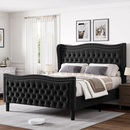 Full Bed Frame with Tall Headboard & Footboard,Velvet Upholstered Platform Bed Frame with Deep Button Tufted Wingback,Customized