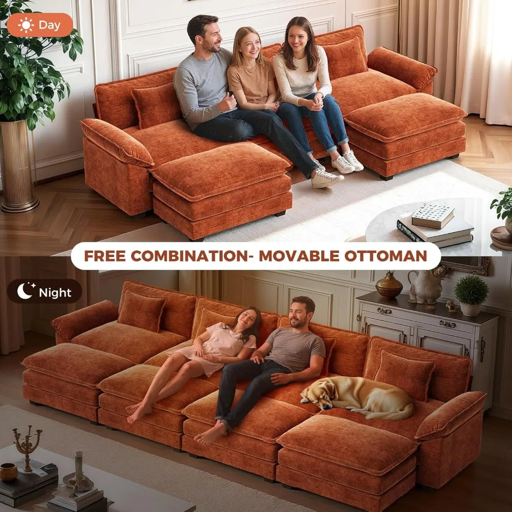 154" Oversized Modular Sectional Sofa, Comfy U-Shaped Cloud Couch w/ 3 Movable Ottomans, 7-Seater Chenille Deep, Customized