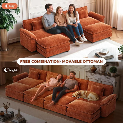 154" Oversized Modular Sectional Sofa, Comfy U-Shaped Cloud Couch w/ 3 Movable Ottomans, 7-Seater Chenille Deep, Customized