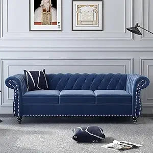 Chesterfield Leather Sofa 3 Seater Couch, Mid-Century Large Sofa Roll Arm Classic Tufted Settee Modern PU Sofa with Channel Tuf