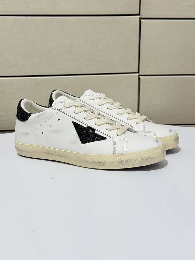 Spring Summer Fashion Casual Low-top Shiny Shoelaces Shoes Women's Round Toe Patchwork Diamond Heel Flat Bottom Sports Shoes