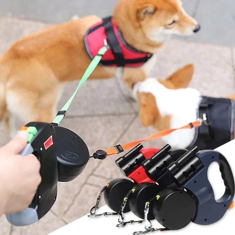 3in1 Double Head Automatic retractable Dog leash Flashlight Poop Bag Dispenser Reflective Pet Cat Extendable Puppy Traction Rope