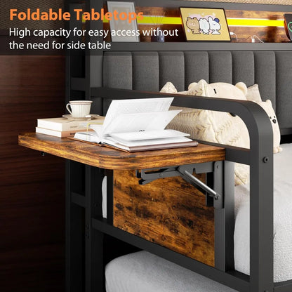 Trundle and LED Light, Heavy Duty Metal Twin Bed Frame with Upholstered Storage Headboard & Charging Station, Day Be