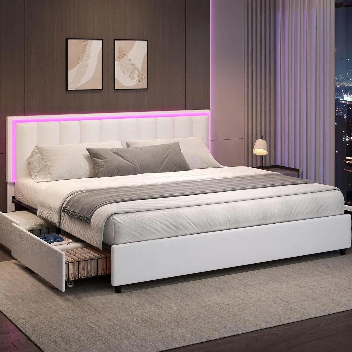 King Bed Frame with 4 Drawers Storage Bed Frame King Size with LED Lights Upholstered Bed Frame with Headboard,Customized