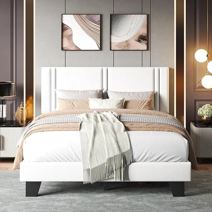 Upholstered Queen Size Bed Frame with Linen Fabric Headboard, Strong Wooden Slats Support, Noise Free, No Box Spring,Customized