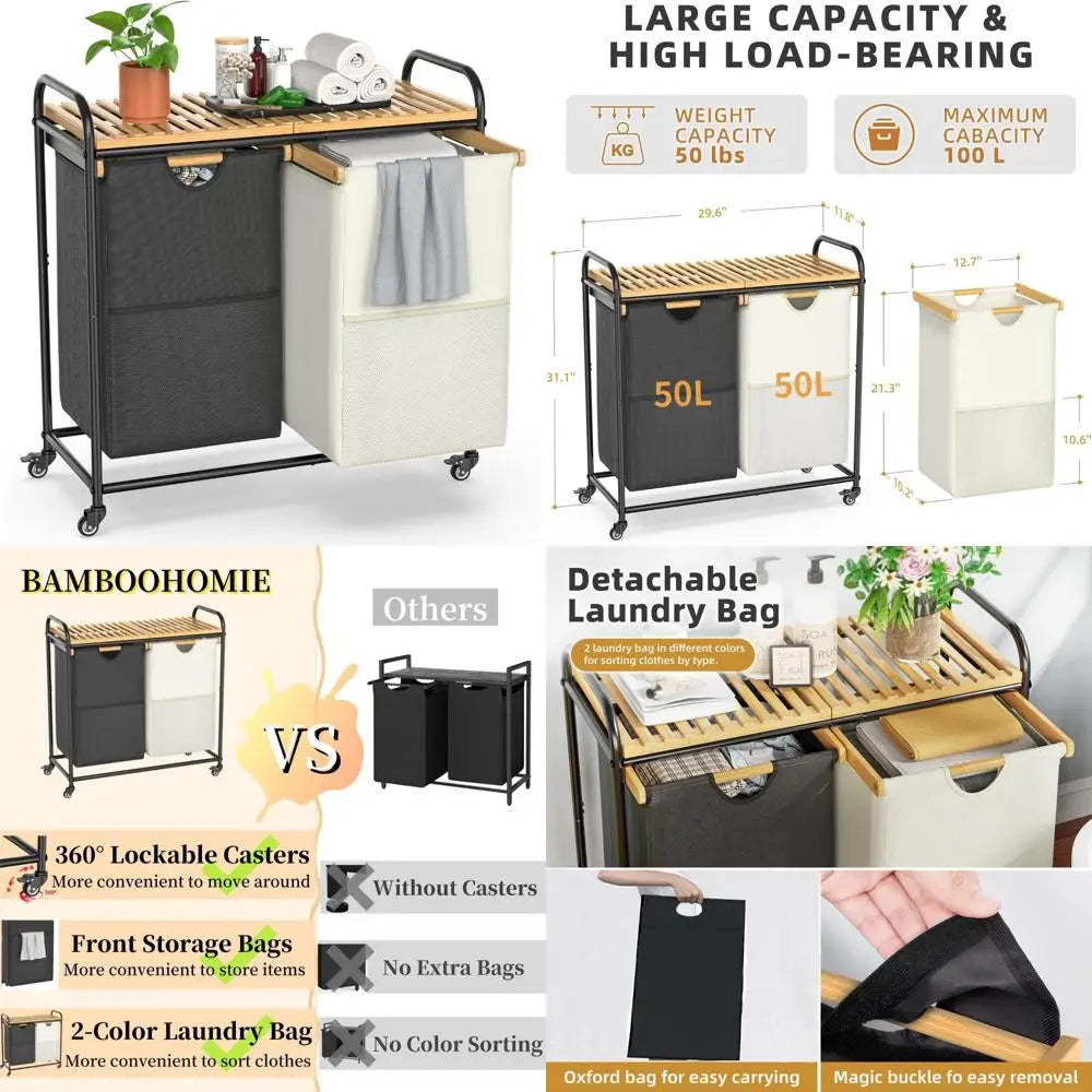 Dual-Section Laundry Sorter with Removable Shelf and Pull-Out Bags, Rolling Clothes Hampers on Wheels Basket