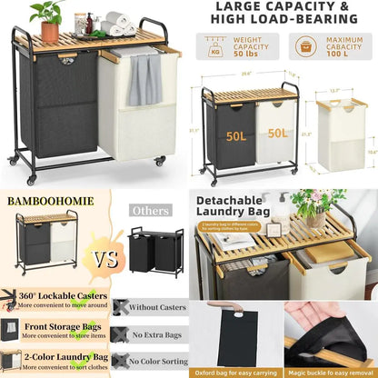 Dual-Section Laundry Sorter with Removable Shelf and Pull-Out Bags, Rolling Clothes Hampers on Wheels Basket
