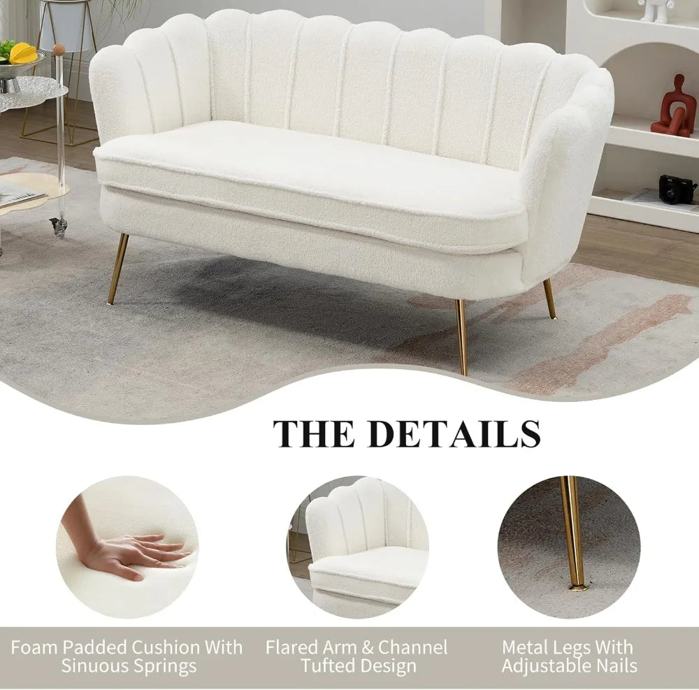 59" Wide Loveseat Sofa, Boucle Upholstered Small Couch with Petal Design, Modern Leisure Sofa with Gold Metal Legs