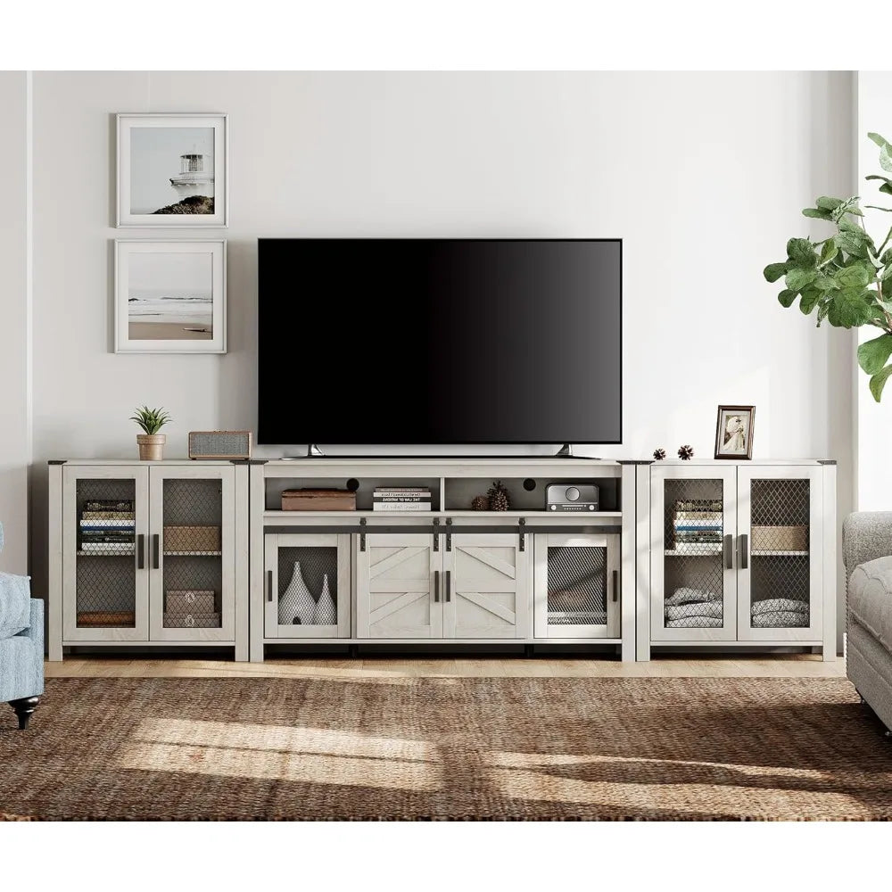 TV Stand Set for 100 inch TV,Door Storage Cabinet with Mesh for Living Room,Farmhouse Storage Units with Open and Adjusta