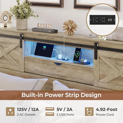 California King Bed Frame with Storage Headboard, LED Lights, Charging Station & Drawers - Rustic Farmhouse Design
