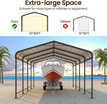 12x20FT Metal Carport, Heavy Duty Carport Canopy with Reinforced Frame and Base for All-Weather, Outdoor Garage