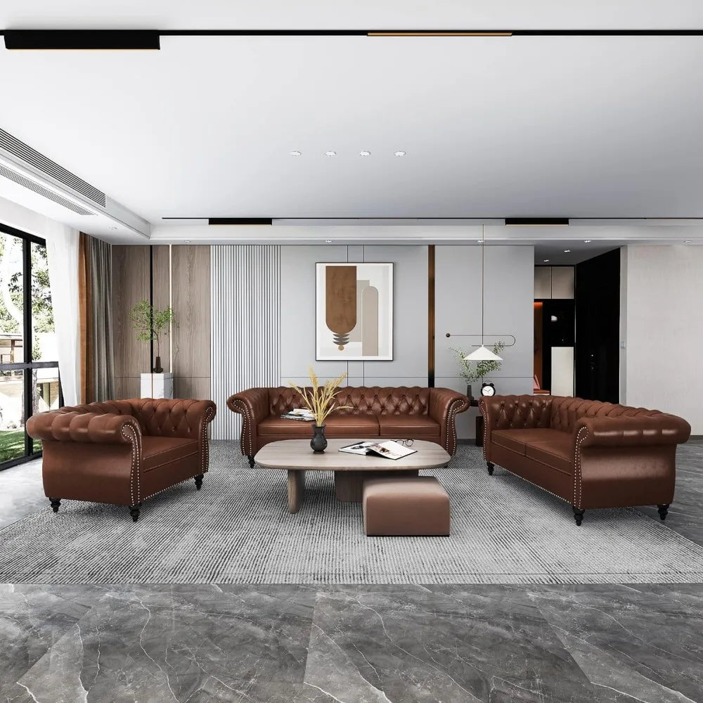 Chesterfield Leather Sofa 3 Seater Couch, Mid-Century Large Sofa Roll Arm Classic Tufted Settee Modern PU Sofa with Channel Tuf
