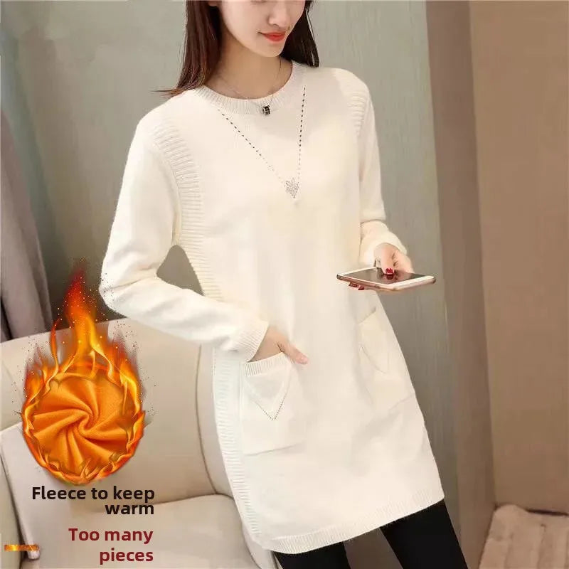 2024 New Style Korean Version Loose-Fit Medium-Length Knit Base Layer Top Women's Pullover Sweater Skirt Fleece-Lined Thickened