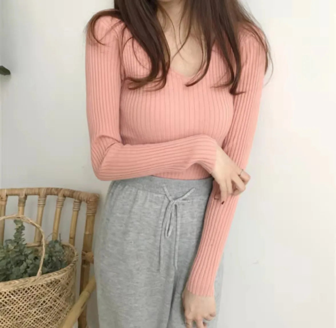 2025 Korean Autumn Winter V Neck Sweater Fashion Casual Long Sleeve Knitted Sweaters Solid Color Slim Pullovers Women Clothes