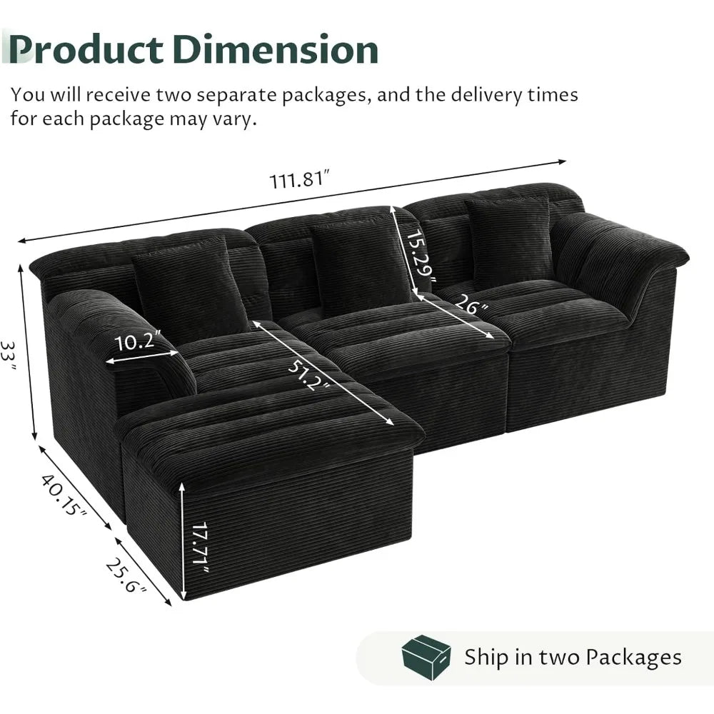 112" Modular Cloud Sectional Couch with Ottoman, Modern Upholstered Compressed Sofa with Deep Seat, Comfy L-Shape,Customized