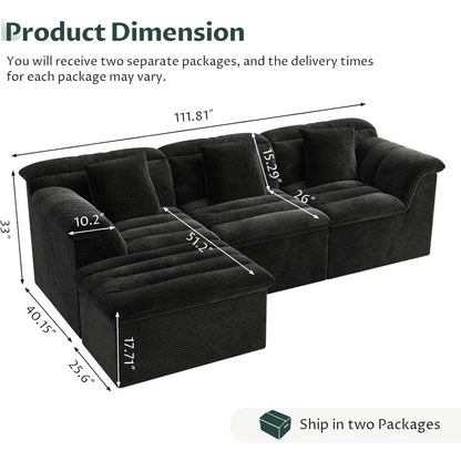 112" Modular Cloud Sectional Couch with Ottoman, Modern Upholstered Compressed Sofa with Deep Seat, Comfy L-Shape,Customized