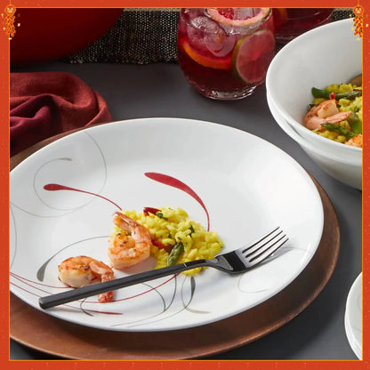 Classic White & Red Dinnerware Set, 12-Piece Ceramic Plates & Bowls. Dishwasher Safe, Service for 4, Modern Tableware.