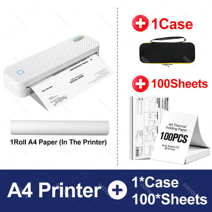 Portable A4 Thermal Printer Bluetooth Photos PDF Document Printing Machine Folded Rolls Paper For Office Work Home School Travel