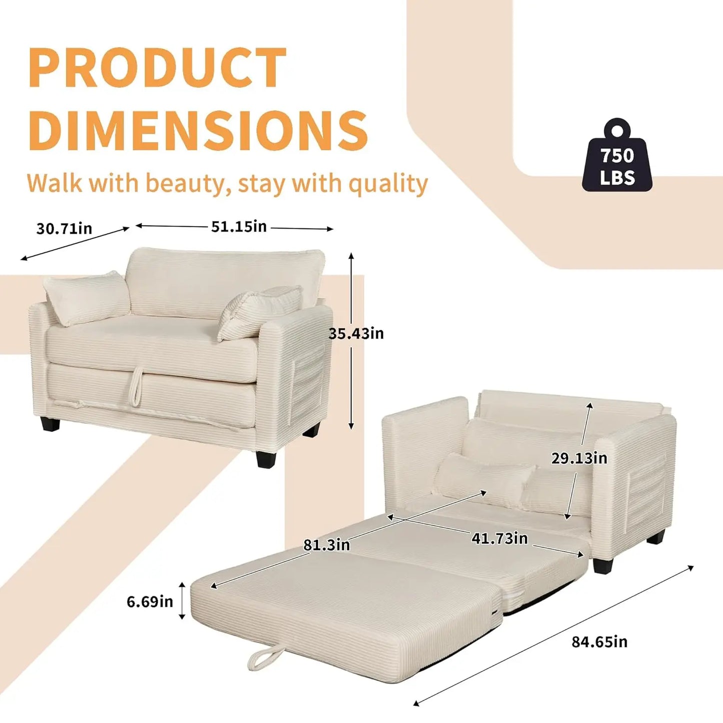 Convertible Sofa Bed, 2-in-1 Corduroy Sleeper Couch, 2-Seater Pull-Out Couch Bed with Side Storage Pocket, Solid, Customized