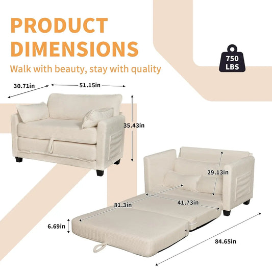 Convertible Sofa Bed, 2-in-1 Corduroy Sleeper Couch, 2-Seater Pull-Out Couch Bed with Side Storage Pocket, Solid, Customized