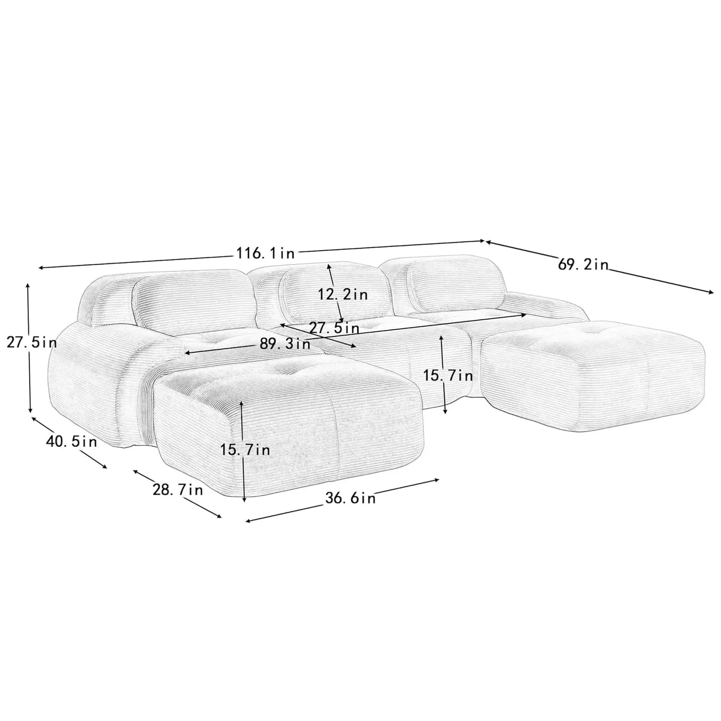 116" Modern Corduroy Cloud Sofa with Ottoman, U Shaped Boneless Modular Large Sectional Couches for Living Room, Green 3 Seater