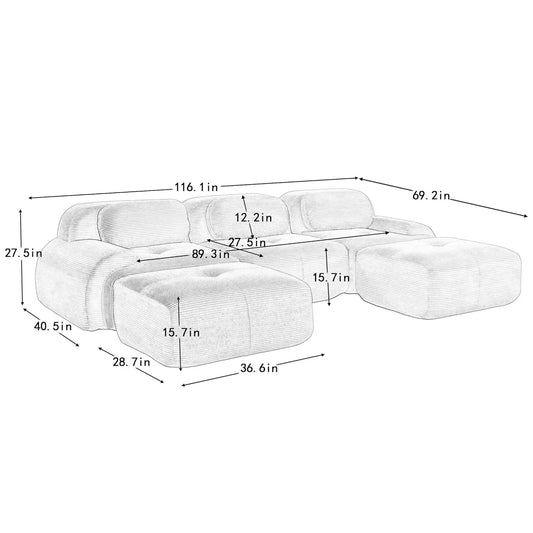 116" Modern Corduroy Cloud Sofa with Ottoman, U Shaped Boneless Modular Large Sectional Couches for Living Room, Green 3 Seater