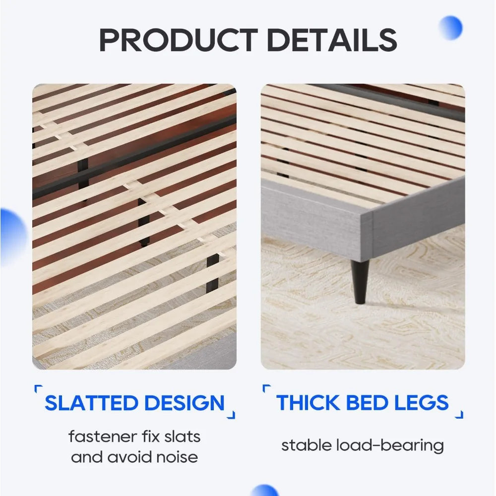 Full Platform Bed Frame with Fabric Headboard and Wooden Slats Support, Fully Upholstered No Box Spring