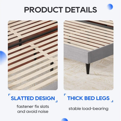 Full Platform Bed Frame with Fabric Headboard and Wooden Slats Support, Fully Upholstered No Box Spring