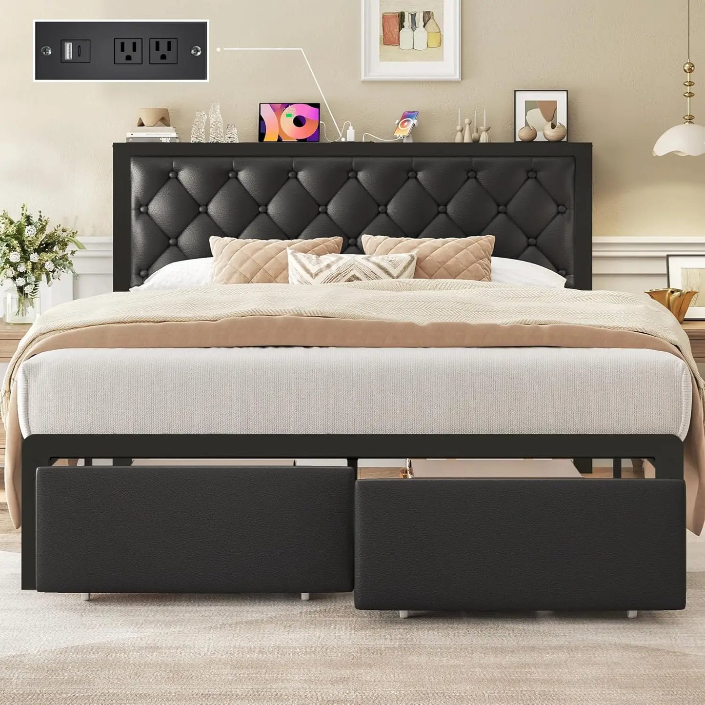 Queen Bed Frame with Storage Drawers, Upholstered Headboard, Charging Station, Noise-Free Metal Structure in Black