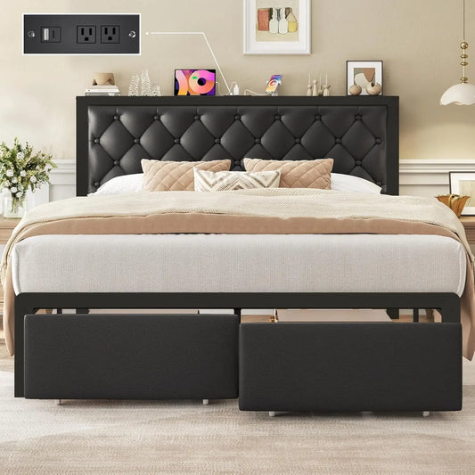 Queen Bed Frame with Storage Drawers, Upholstered Headboard, Charging Station, Noise-Free Metal Structure in Black