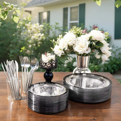 120-Pc Black Clear Plastic Plates - 10" Dinner & 7" Dessert Set for Party & Wedding