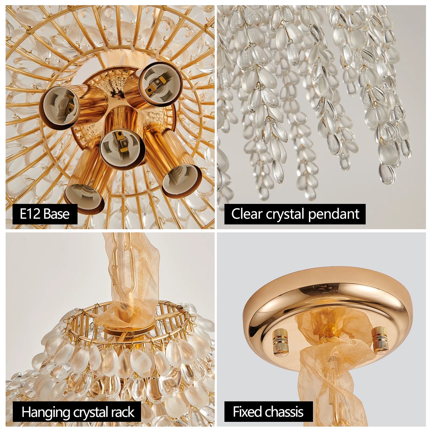 16 Inch 5-Light Crystal Pendant Light Chandelier Elegant Waterfall Design with Crystal Bead Strings and Gold Finish (No Bulb)