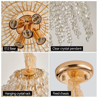 16 Inch 5-Light Crystal Pendant Light Chandelier Elegant Waterfall Design with Crystal Bead Strings and Gold Finish (No Bulb)