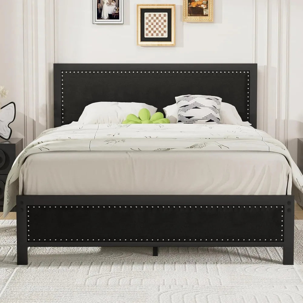 Queen Size Bed Frame with Upholstered Headboard, Heavy-Duty Platform w/Strong Metal Slats, No Box Spring Needed, Easy Assembly
