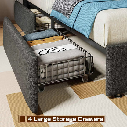 LED Queen Bed Frame with 4 Storage Drawers, Upholstered Bed Frame Queen Size with 2-Tier Headboard and Charging, Customized