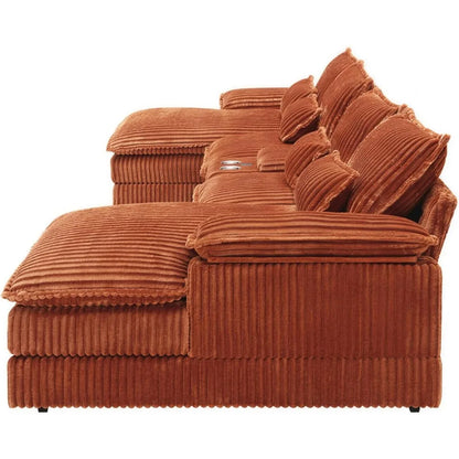 125" U-Shaped Sectional Sofa, Corduroy Cloud Couch with Storage & USB, 6-Seat Modular Sofa Set for Living Room, Orange