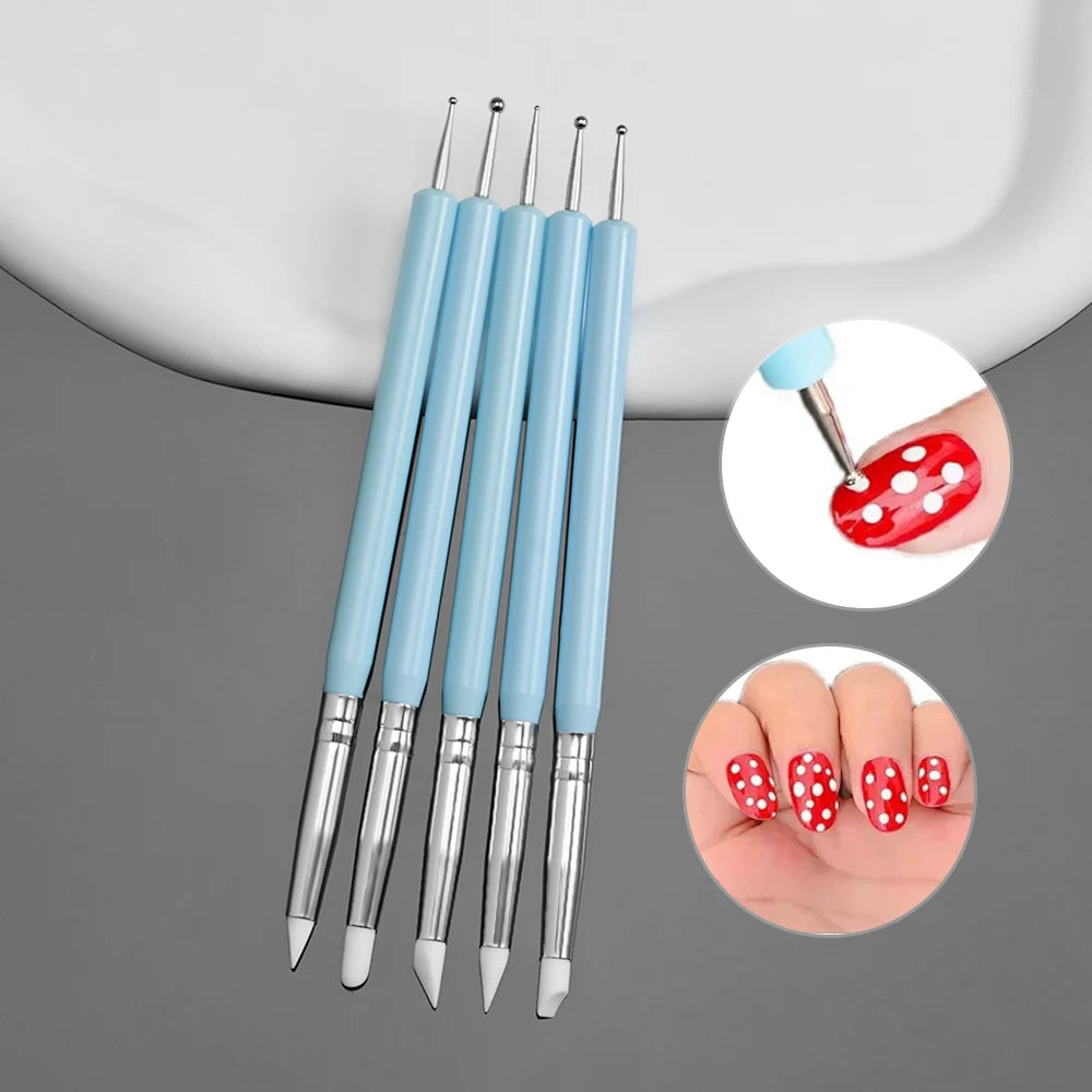 5Pcs Professional Nail Art Silicone Embossing Brush Dual-Head UV Gel Dotting Painting Pen Manicure Clay Sculpting Drawing Tools