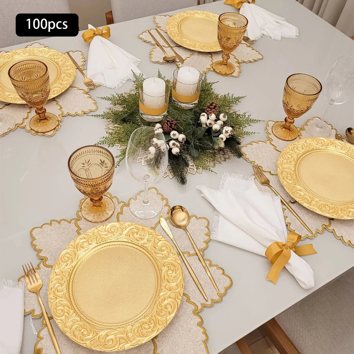 100 Pieces PP Round Charger Plates Set - Reusable Serving Plates Sturdy Durable Lightweight - Home Wedding Family Gatherings