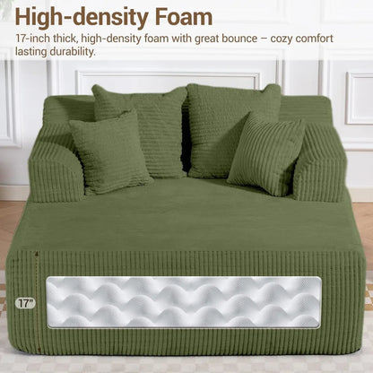 58" Chaise Lounge Chair Indoor, Green - Oversized Corduroy Boneless Sleeper Sofa Bed with Armrests and 4 Pillows, No Assembly
