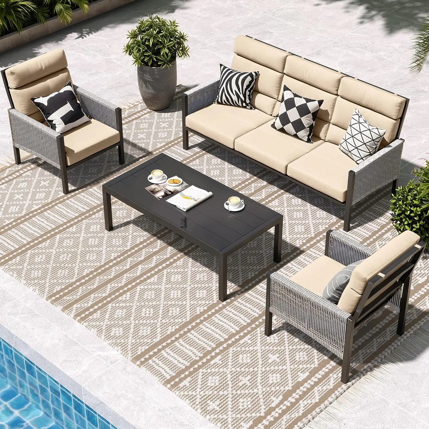 Aluminum Patio Furniture Set, High Back Outdoor Sectional Sofa, 4 Pieces Modern Conversation Sets for Porch, Balcony, Garden