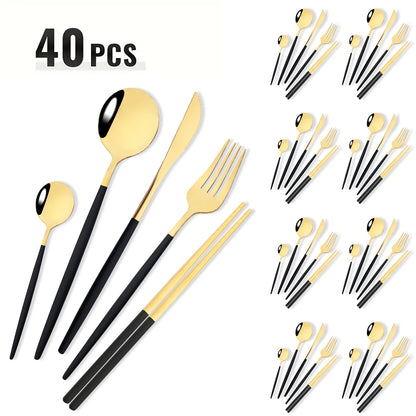 40pcs Black Gold Dinnerware Set Mirror Western Stainless Steel Cutlery Set Fork Knife Spoon Chopsticks Tableware Party Flatware