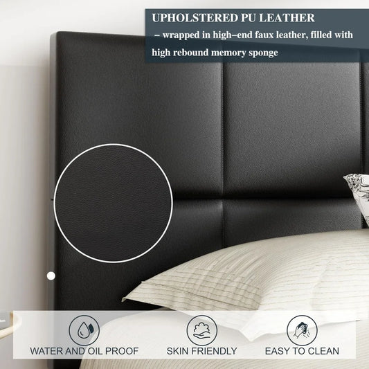 Full Bed Frame with Headboard, Leather Upholstered Bedframe with Tufted Headboard Design, Easy Assembly, No Box Spring Needed