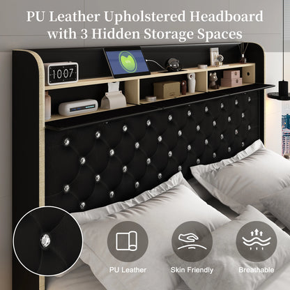 LED Bed Frame with Galaxy Star Projector, 2 Drawers, 52" PU Headboard with Charging Station, Noise Free, No Box Spring