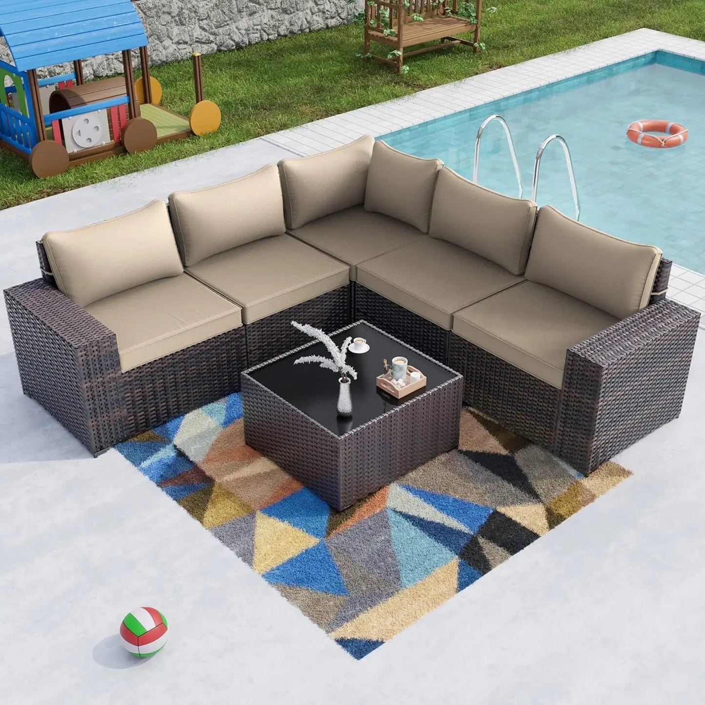 12 Pieces Outdoor Patio PE Rattan Sectional Sofa Set with Cushions & Tempered Glass Coffee Table for Garden Porch, Customized