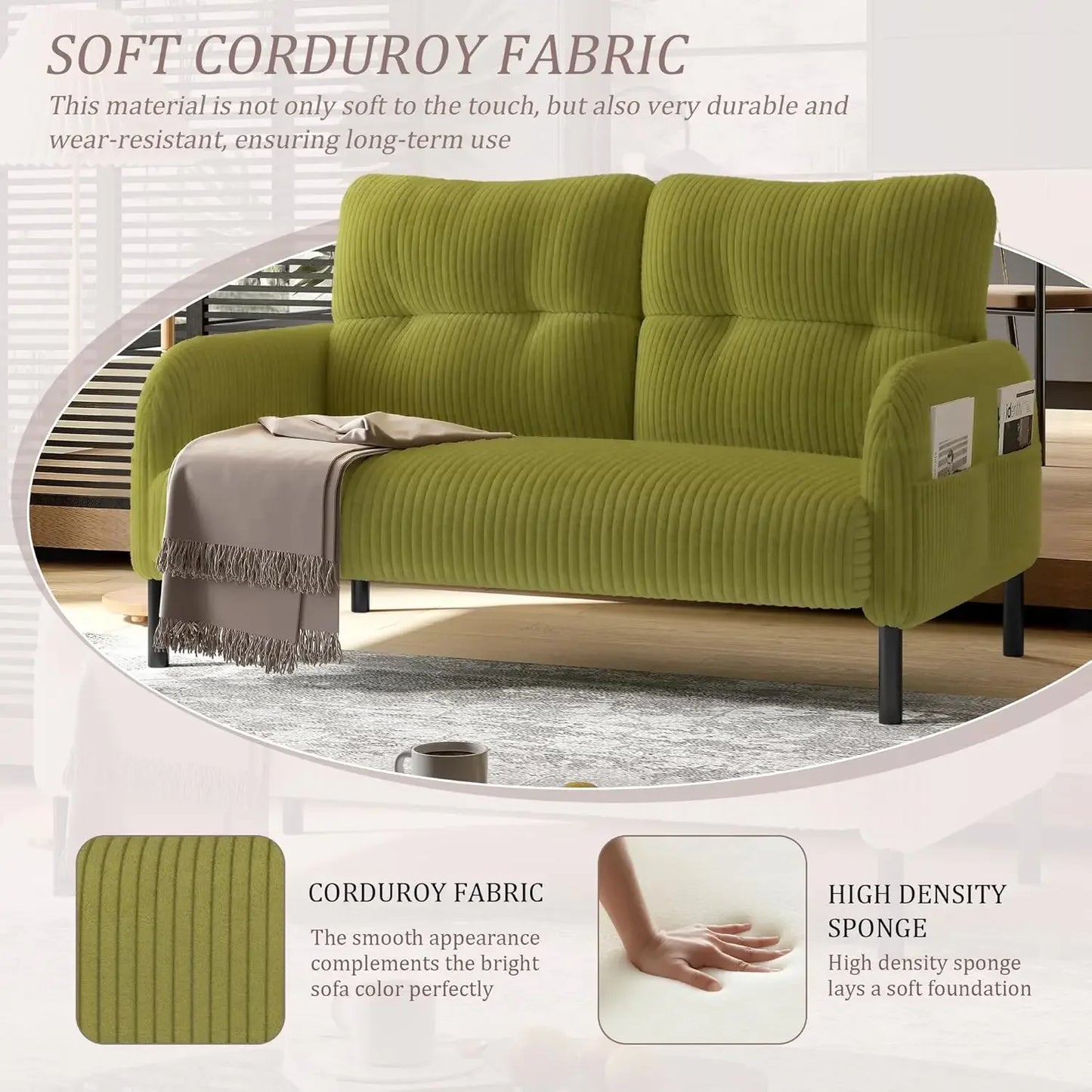 47" Loveseat Couch, Comfy Corduroy with Spring Cushion, Super Deep Seat Sofa Bed, Suitable for Living Rooms and, Customized