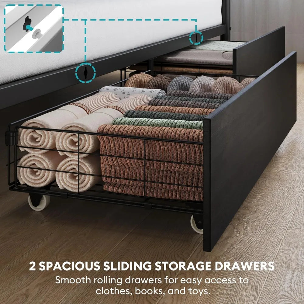 Twin Over Twin Metal Bunk Bed with LED Lights, USB Charging Station, 2 Drawers, Guard Rails & Ladder – No Box Spring Needed,